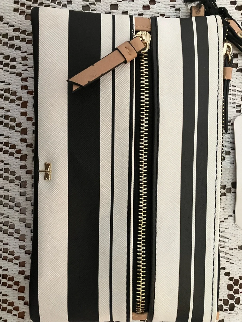 Kate Landry Black and White Striped Wristlet with Gold Accents